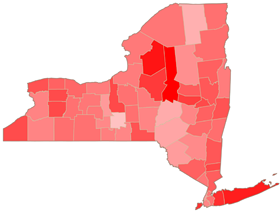New York State map indicating rates of new cases per person